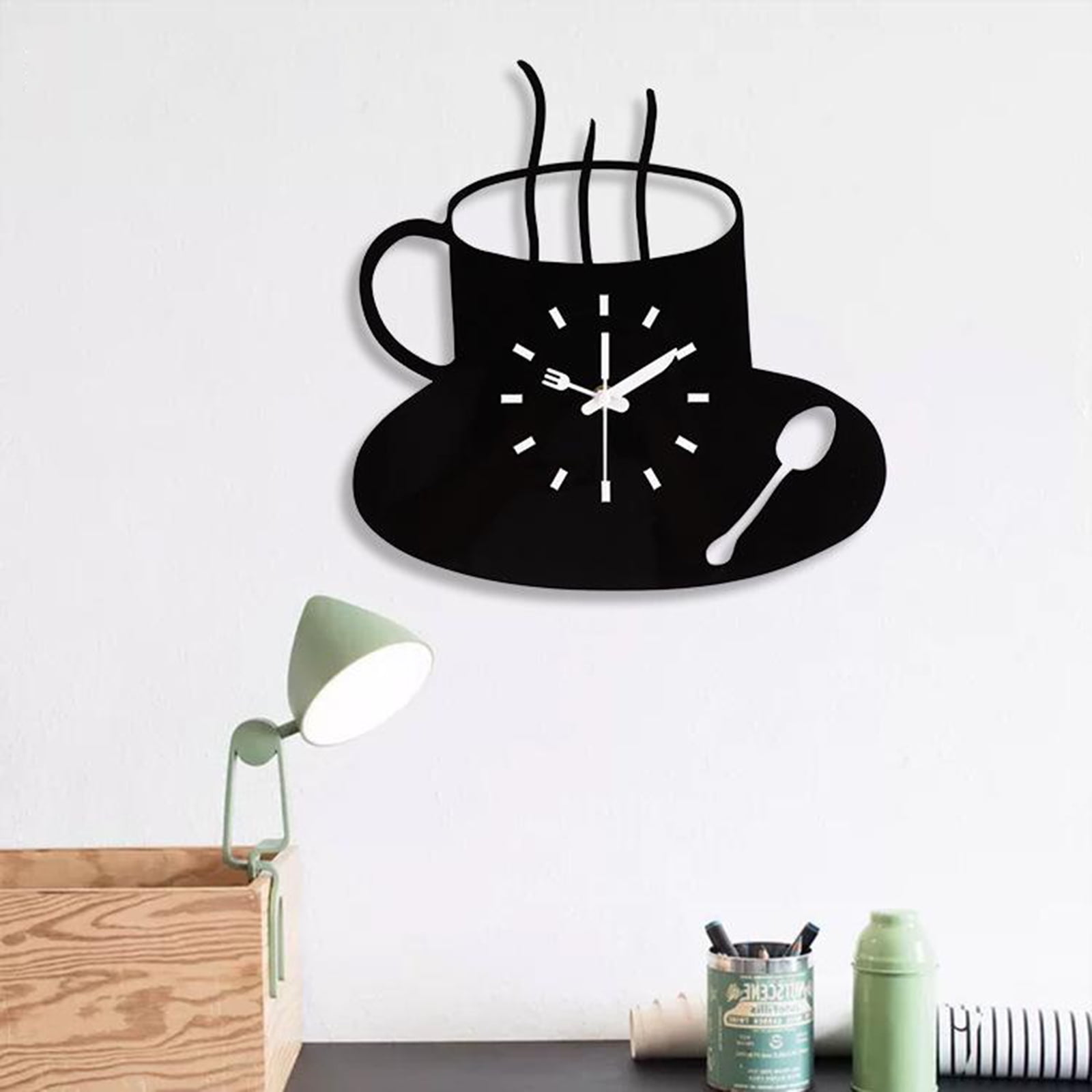 Large Coffee Cup Wooden Wall Clock, Silent Decorative Kitchen, Bedroom ...