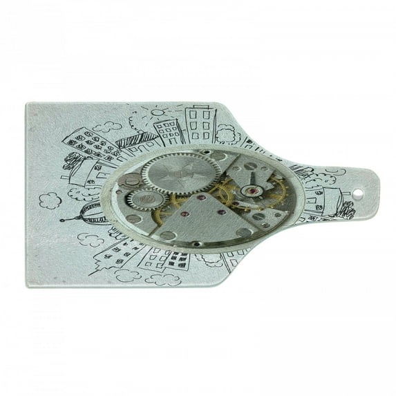 Clock Cutting Board, Alarm Clock with Cloudsd Buildings Around It in Vintage Style Pattern Design, Decorative Tempered Glass Cutting and Serving Board, Wine Bottle Shape, Pale Grey, by Ambesonne