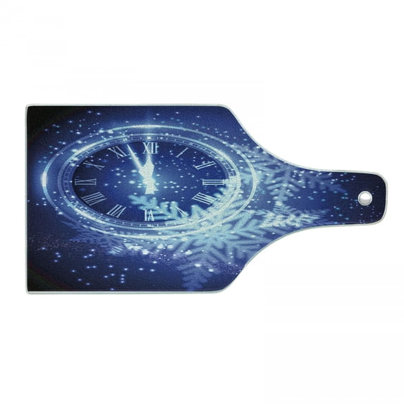 Clock Cutting Board, Countdown to New Year Theme a Clock Holiday and Snowflakes Pattern Celebration Design Print, Tempered Glass Cutting and Serving Board, Wine Bottle Shape, Blue, by Ambesonne