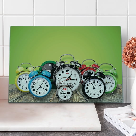 Clock Cutting Board, Group of Alarm Clocks on the Wooden Ground Digital Print Nostalgic Design Print, Decorative Tempered Glass Cutting and Serving Board, Large Size, Lime Green, by Ambesonne