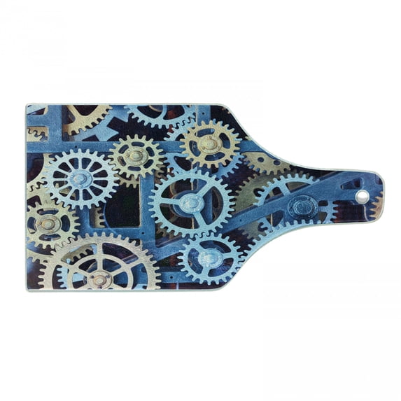 Clock Cutting Board, Technology Clock Gears Steel Cogwheels Pattern Mechanical Theme Design Print, Tempered Glass Cutting and Serving Board, Wine Bottle Shape, Blue and Sand Brown, by Ambesonne