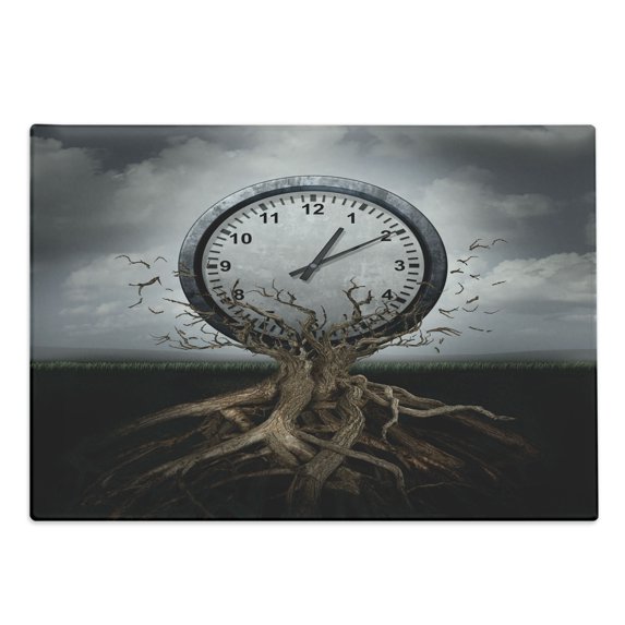 Clock Cutting Board, Vintage Clock Breaking Free from Tree Trunk Surrealistic for Strategy Print, Decorative Tempered Glass Cutting and Serving Board, Large Size, Grey, by Ambesonne