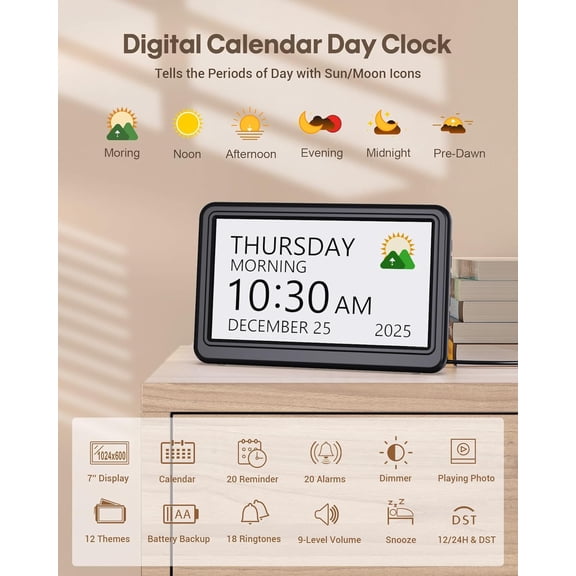 Clock with Day and Date for Elderly, 7" Large Display Digital Calendar 20 Custom Alarms Medicine Reminders, 12 Modes, Dimmable Dementia Alzheimers Clocks Seniors