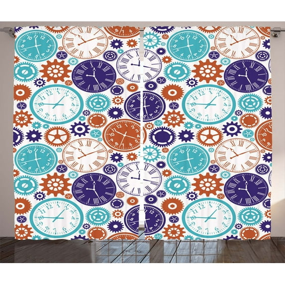 Ambesonne Vintage Curtains 2 Panel Set, Clock with Roman Digits, 108" x 84", Blue and Dark Orange