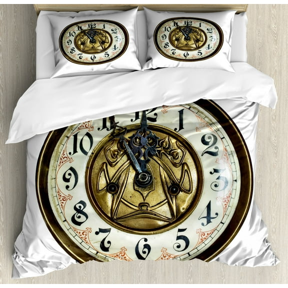 Clock Decor King Size Duvet Cover Set, Antique Theme a Vintage Clock with a Face on It Stylish Decorative Pattern, Decorative 3 Piece Bedding Set with 2 Pillow Shams, Gold and White, by Ambesonne