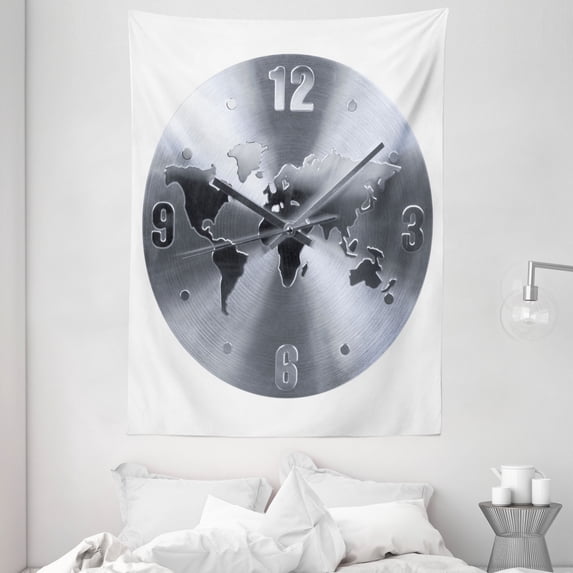 Clock Decor Tapestry, A Silver Clock Pattern with a World Map Checking the Time Hour and Minute Hand, Wall Hanging for Bedroom Living Room Dorm Decor, 60W X 80L Inches, Silver, by Ambesonne