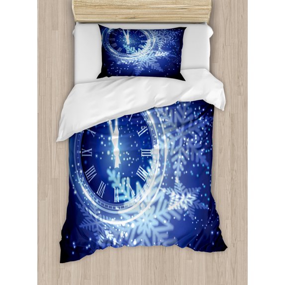 Clock Decor Twin Size Duvet Cover Set, Countdown to New Year Theme A Clock Holiday Lights and Snowflakes Pattern Design, Decorative 2 Piece Bedding Set with 1 Pillow Sham, Blue, by Ambesonne