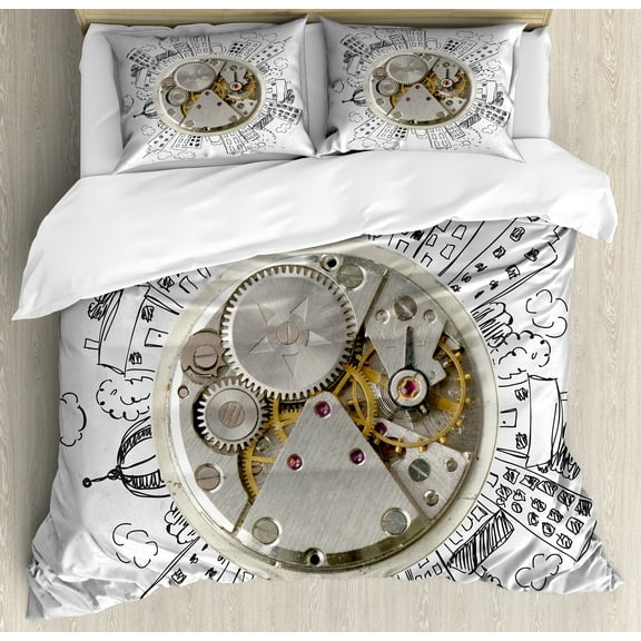 Clock Duvet Cover Set, Alarm Clock with Cloudsd Buildings Around It in Vintage Style Pattern Design, Decorative 3 Piece Bedding Set with 2 Pillow Shams, Calking Size, Pale Grey, by Ambesonne