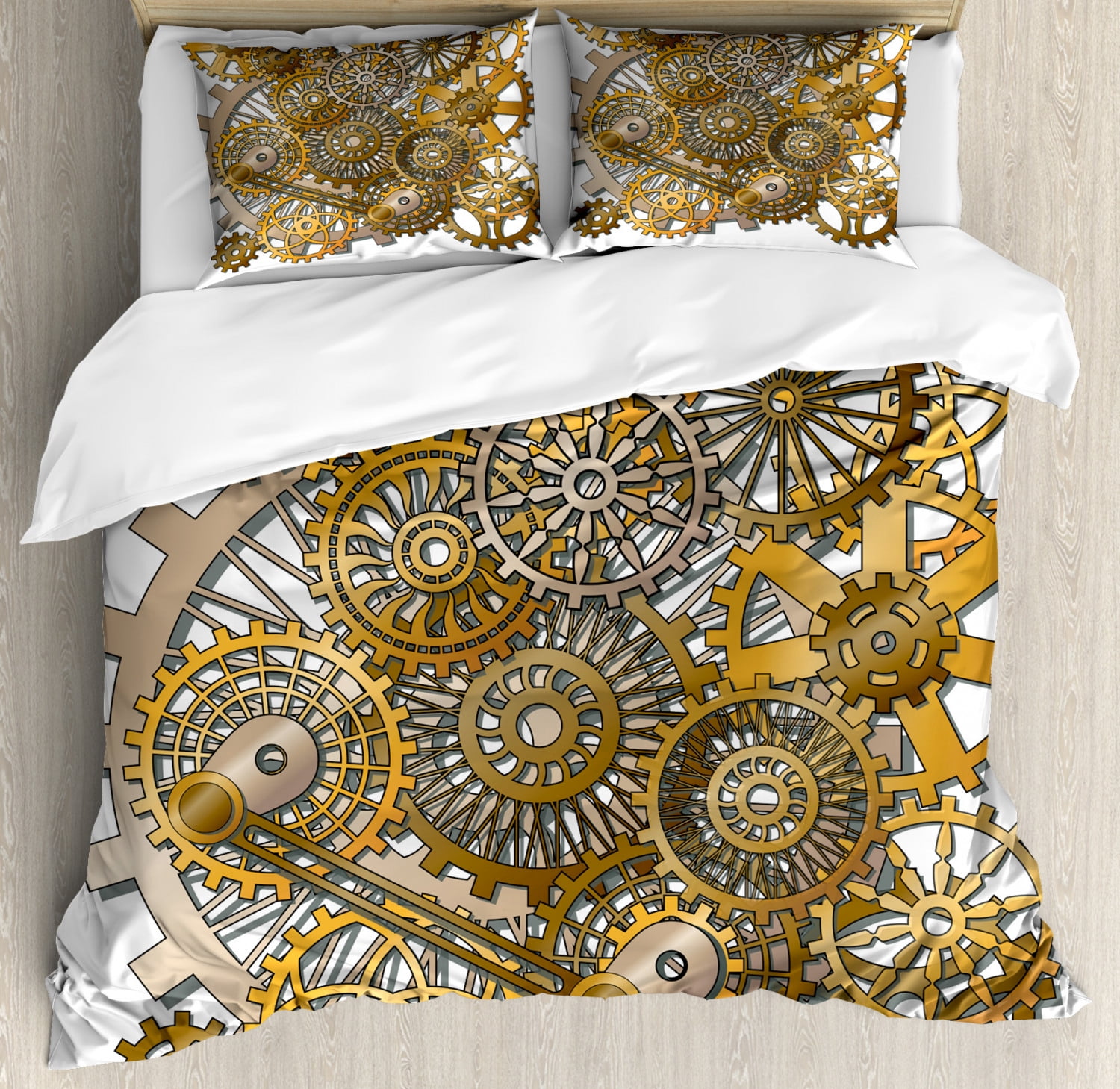 Queen Pale Orange Brown Steampunk Gear Duvet Cover Set