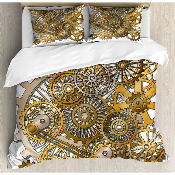 Clock Duvet Cover Set, Gears in Style of Steampunk Mechanical Design Engineeringme Print, Decorative 3 Piece Bedding Set with 2 Pillow Shams, Queen Size, Pale Orange Brown, by Ambesonne