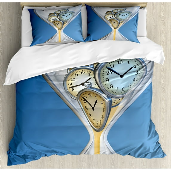 Clock Duvet Cover Set, Hourglass Time Clocks with Sand Pattern for Home a Vintage Design Print, Decorative 3 Piece Bedding Set with 2 Pillow Shams, Queen Size, Blue and Sand Brown, by Ambesonne
