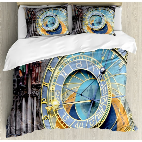 Clock Duvet Cover Set, Prague Astronomical Clock in the Old Town an European Medieval Landmark of City, Decorative 3 Piece Bedding Set with 2 Pillow Shams, King Size, Blue and Yellow, by Ambesonne