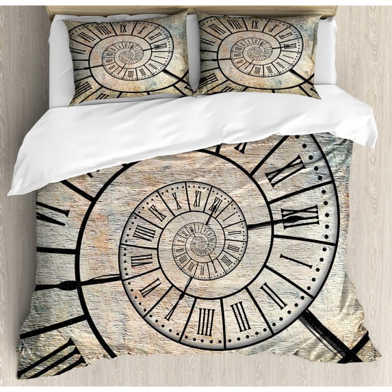 Clock Duvet Cover Set, Roman Digit Time Spiral on the Vintage Textured Background Design Passing of Time Print, Decorative 3 Piece Bedding Set with 2 Pillow Shams, King Size, Sepia, by Ambesonne