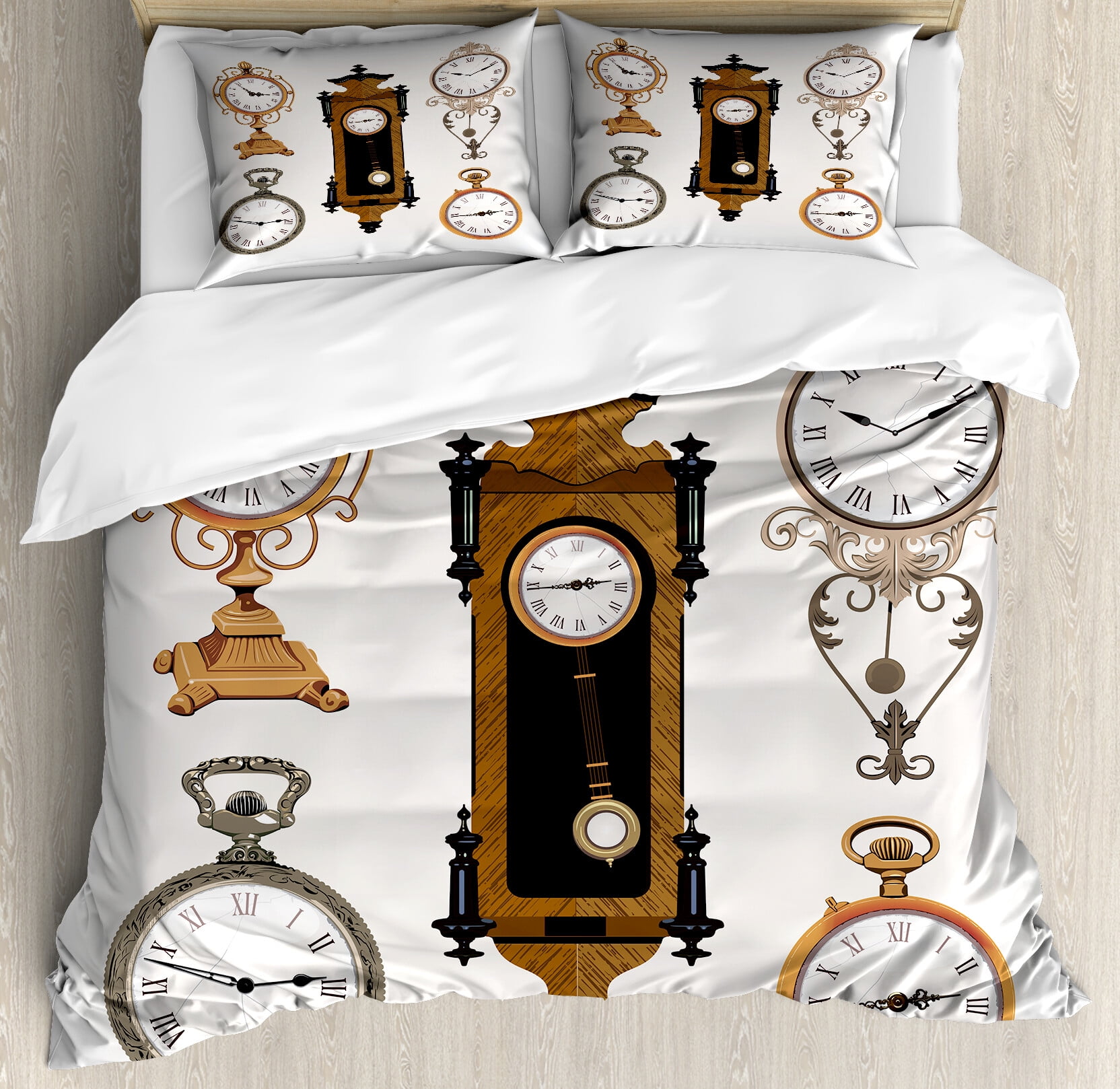 Clock Duvet Cover Set, Vintage Styled Clocks Arrangement Old Fashioned ...