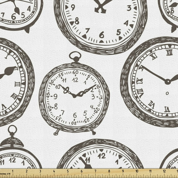 Clock Fabric by the Yard Upholstery, Vintage Pocket Watch Numbers on It Antique Design Chronometers Old Fashioned Print, Decorative Fabric for DIY and Home Accents, Brown by Ambesonne