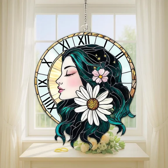 Clock Face Girl Acrylic Suncatcher Flower Artistic Window Hanging