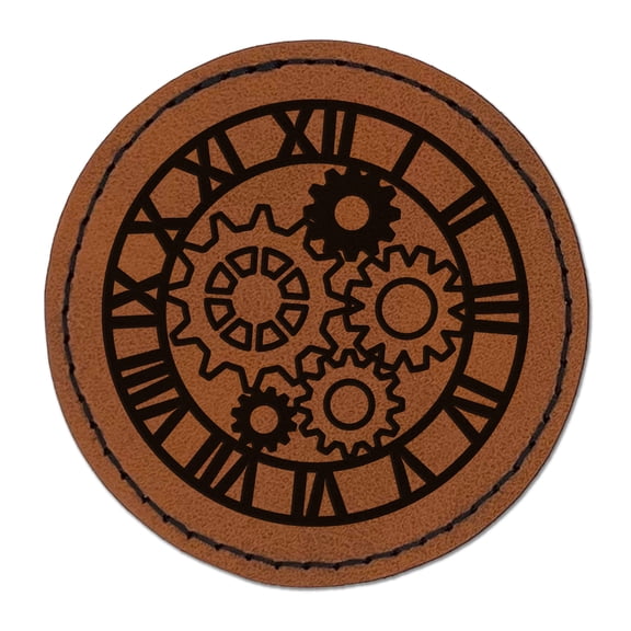 Clock Face with Gears 2.5" Faux Leather Round Engraved Iron-On Patch - Brown