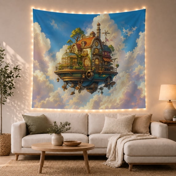 Clock Faces Gears with Level Floating House Perched, Mystical Fantasy for Space Lovers, Galaxy Room Decor, Mother'S Day Gift, Tapestry Wall Hanging for Bedroom and Dorm