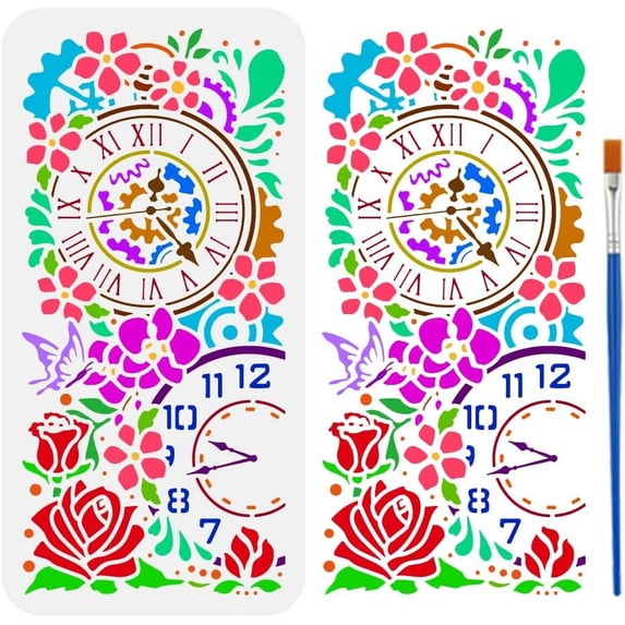 Clock Flower Stencil with a Paint Brush 11.8x5.9inch Vintage Gears Rose Stencil Peach Blossom Painting Stencil Butterfly Silhouette Templates for Wall Tiles Floor Paper Furniture 1pc
