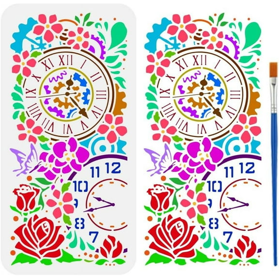 Clock Flower Stencil with a Paint Brush 11.8x5.9inch Vintage Gears Rose Stencil Peach Blossom Painting Stencil Butterfly Silhouette Templates for Wall Tiles Floor Paper Furniture colorful