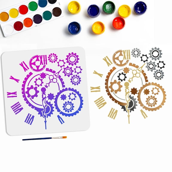 Clock Gear Stencil Time Gear Stencil 11.811.8inch with Paint Brush Reusable PET Template for Painting on Wood Canvas Paper Fabric Floor Wall