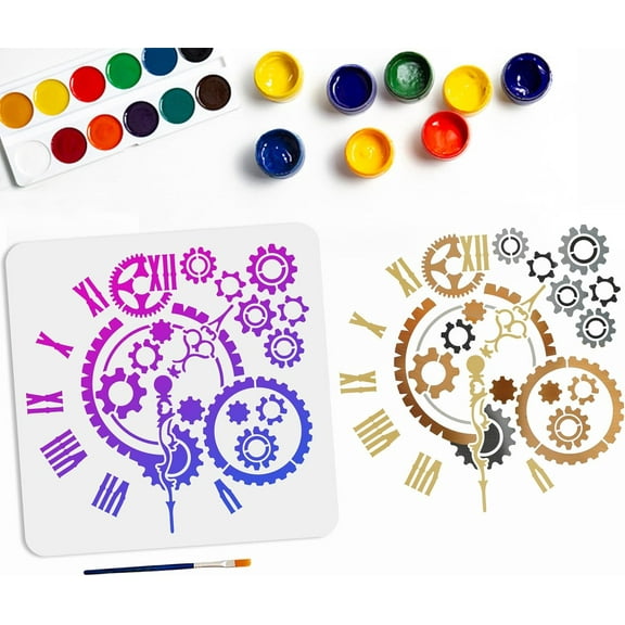 Clock Gear Stencil Time Gear Stencil 11.811.8inch with Paint Brush Reusable PET Template