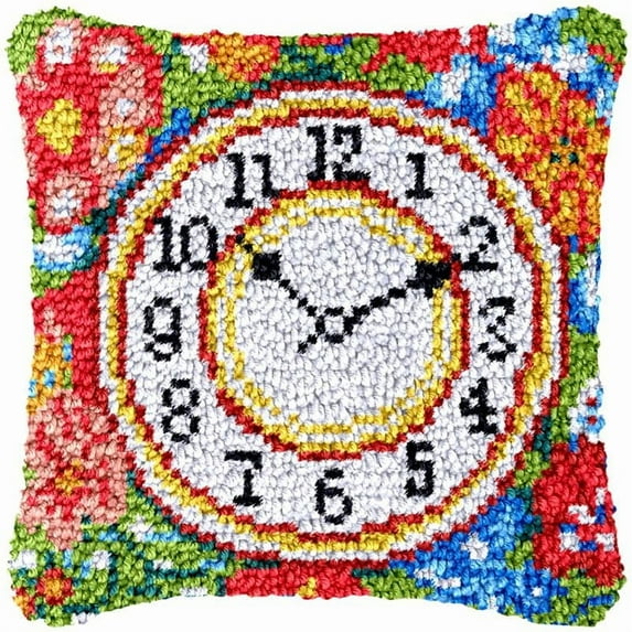 Clock Latch Hook Pillow Cover Kits for DIY Handmade Throw Pillow Cross Stitch Hooking Pillow Kits with Preprinted Color Pattern Canvas Crochet Yarn Kits 17''X 17''(yf155)