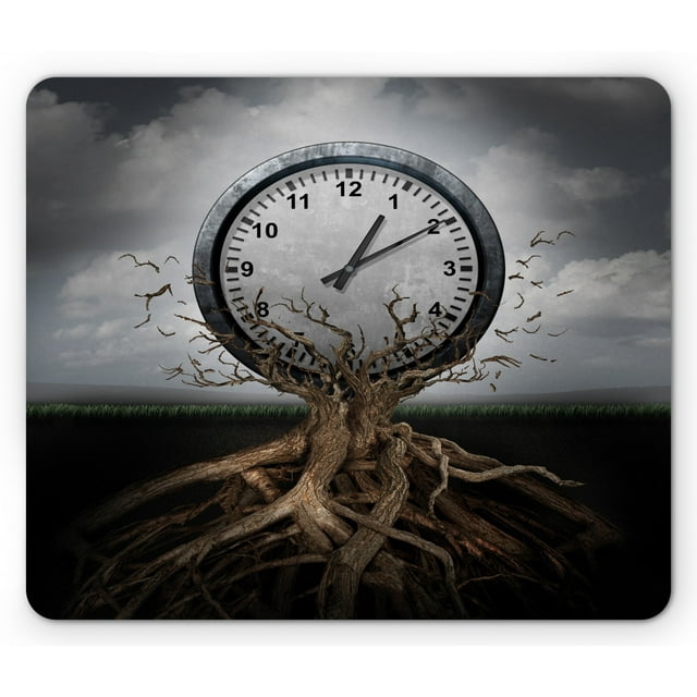 Clock Mouse Pad, Vintage Clock Breaking Free from Tree Trunk Surrealistic for Strategy Print, Rectangle Non-Slip Rubber Mousepad, Grey, by Ambesonne