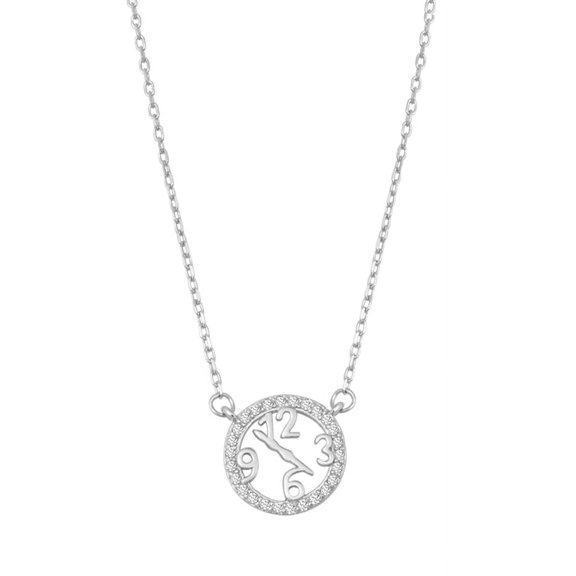 Clock Pendant Necklace, Time Theme, Sterling Silver 925