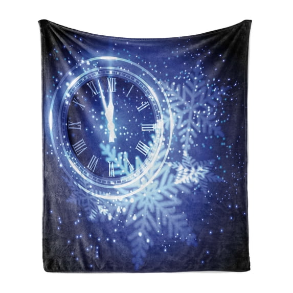Clock Soft Flannel Fleece Blanket, Countdown to New Year Theme a Clock Holiday and Snowflakes Pattern Celebration Design Print, Cozy Plush for Indoor and Outdoor Use, 50" x 60", Blue, by Ambesonne