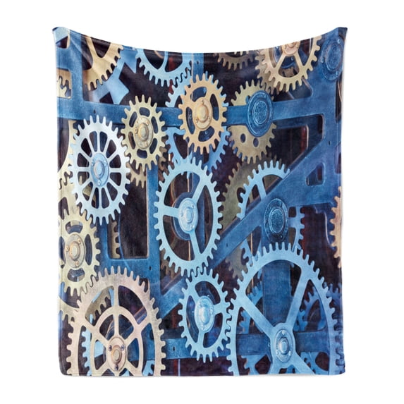 Clock Soft Flannel Fleece Blanket, Technology Clock Gears Steel Cogwheels Pattern Mechanical Theme Design Print, Cozy Plush for Indoor and Outdoor Use, 60" x 80", Blue and Sand Brown, by Ambesonne