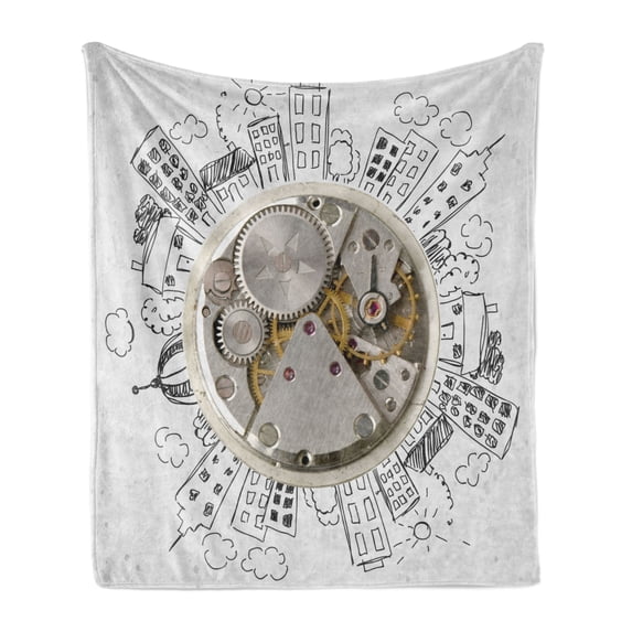 Clock Soft Flannel Fleece Throw Blanket, Alarm Clock with Cloudsd Buildings Around It in Vintage Style Pattern Design, Cozy Plush for Indoor and Outdoor Use, 60" x 80", Pale Grey, by Ambesonne