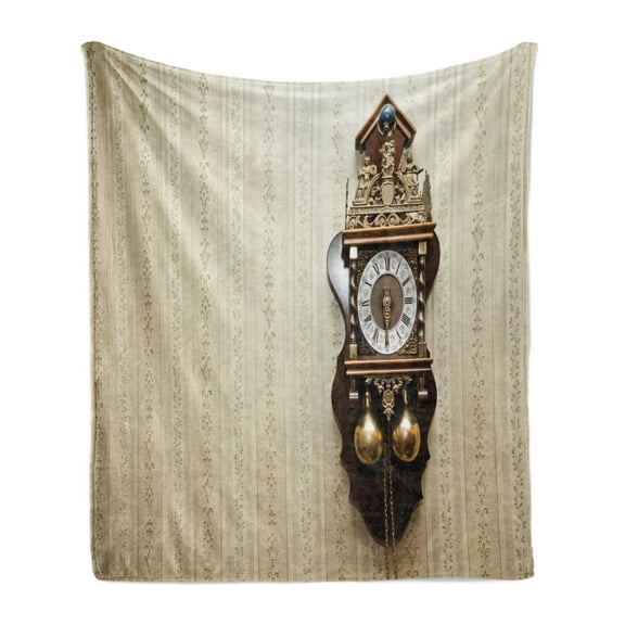 Clock Soft Flannel Fleece Throw Blanket, Antique Style Wood Carving Clock with RomNumerals Hanging on the Wall Design, Cozy Plush for Indoor and Outdoor Use, 60" x 80", Brown and Tan, by Ambesonne