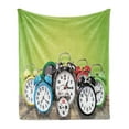 thumbnail image 1 of Clock Soft Flannel Fleece Throw Blanket, Group of Alarm Clocks on the Wooden Ground Digital Print Nostalgic Design Print, Cozy Plush for Indoor and Outdoor Use, 50" x 70", Lime Green, by Ambesonne, 1 of 5