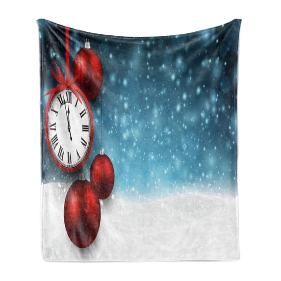 Clock Soft Flannel Fleece Throw Blanket, New Year Themed Christmas Balls and a Vintage Clock Background with Snowflakes, Cozy Plush for Indoor and Outdoor Use, 50" x 60", Red and Blue, by Ambesonne