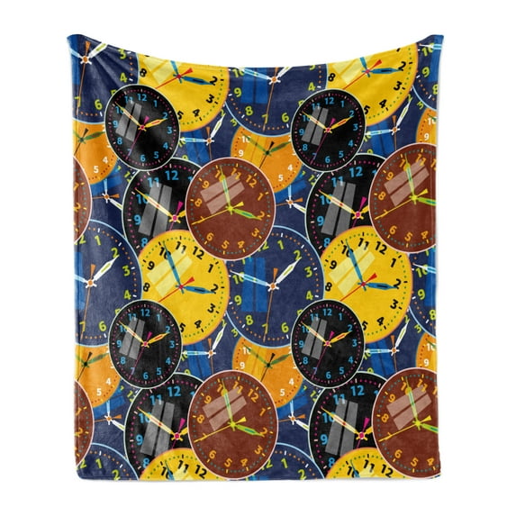 Clock Soft Flannel Fleece Throw Blanket, Pattern Faces on It Vintage Style Inspired Illustration Design, Cozy Plush for Indoor and Outdoor Use, 60" x 80", Yellow and Black, by Ambesonne