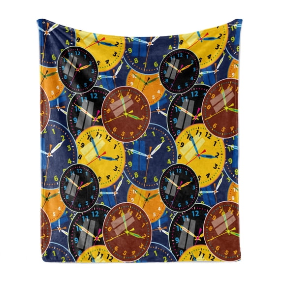 Clock Soft Flannel Fleece Throw Blanket, Pattern Faces on It Vintage Style Inspired Illustration Design, Cozy Plush for Indoor and Outdoor Use, 50" x 60", Yellow and Black, by Ambesonne