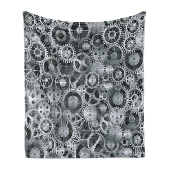 Clock Soft Flannel Fleece Throw Blanket, Realistic Look Cogwheels Mechanism Gear Engineering and Technologic Themed Pattern, Cozy Plush for Indoor and Outdoor Use, 60" x 80", Grey Grey, by Ambesonne