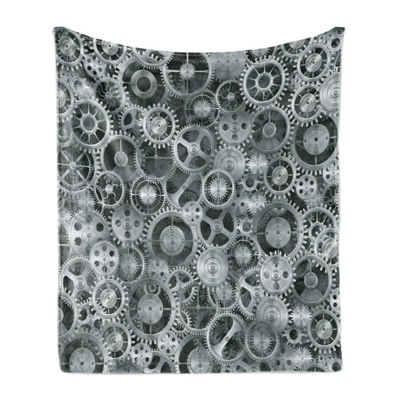 Clock Soft Flannel Fleece Throw Blanket, Realistic Look Cogwheels Mechanism Gear Engineering and Technologic Themed Pattern, Cozy Plush for Indoor and Outdoor Use, 70" x 90", Grey Grey, by Ambesonne