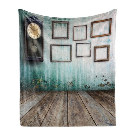 Clock Soft Flannel Fleece Throw Blanket, Vintage Clock and Empty Picture Frames in Old Room Wooden Backdrop Print, Cozy Plush for Indoor and Outdoor Use, 50" x 70", Green and Brown, by Ambesonne