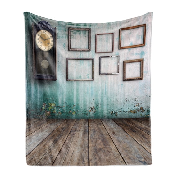 Clock Soft Flannel Fleece Throw Blanket, Vintage Clock and Empty Picture Frames in Old Room Wooden Backdrop Print, Cozy Plush for Indoor and Outdoor Use, 60" x 80", Green and Brown, by Ambesonne