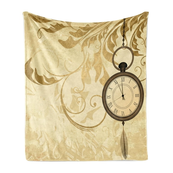 Clock Soft Flannel Fleece Throw Blanket, Vintage Grungy Background Design with Pocket Watches on Chain Romantic Retrort Print, Cozy Plush for Indoor and Outdoor Use, 70" x 90", Brown, by Ambesonne