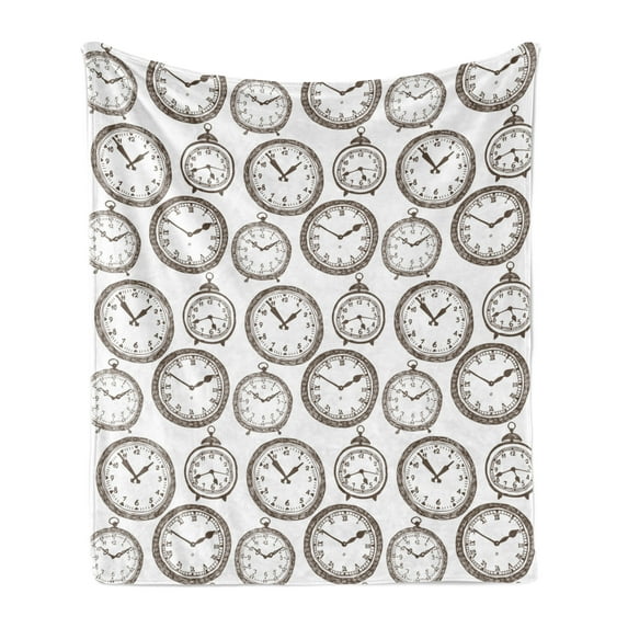 Clock Soft Flannel Fleece Throw Blanket, Vintage Pocket Watch Numbers on It Antique Design Chronometers Old Fashioned Print, Cozy Plush for Indoor and Outdoor Use, 70" x 90", Brown, by Ambesonne