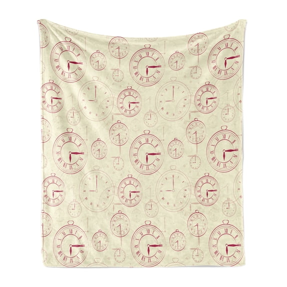 Clock Soft Flannel Fleece Throw Blanket, Vintage Watches Roman Digits Antique Machine Time Pattern Illustration, Cozy Plush for Indoor and Outdoor Use, 70" x 90", Pale Yellow Magenta, by Ambesonne