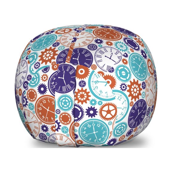 Clock Storage Toy Bag Chair, Vintage Clock Mechanism Roman Numbers Hour and Minute Hand Pattern Print, Stuffed Animal Organizer Washable Bag, Large Size, Blue and Dark Orange, by Ambesonne