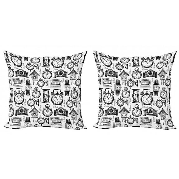 Ambesonne Vintage Throw Pillow Cover 2 Pack, Hand Drawn Clocks, 16", Black and White