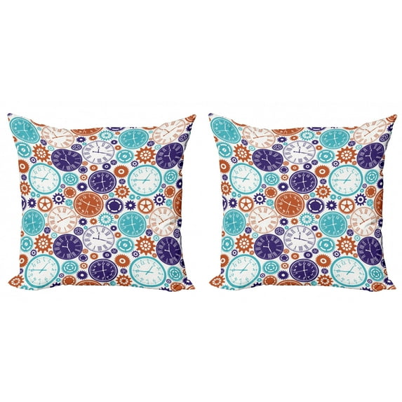 Ambesonne Vintage Throw Pillow Cover 2 Pack, Clock with Roman Digits, 16", Blue and Dark Orange