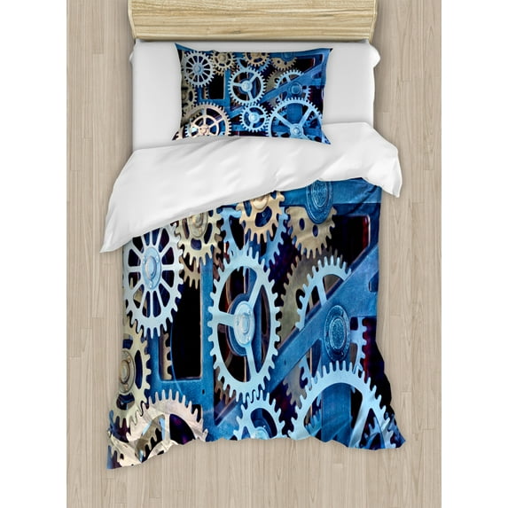 Clock Twin Size Duvet Cover Set, Technology Clock Gears Steel Cogwheels Pattern Mechanical Theme Design Print, Decorative 2 Piece Bedding Set with 1 Pillow Sham, Blue and Sand Brown, by Ambesonne