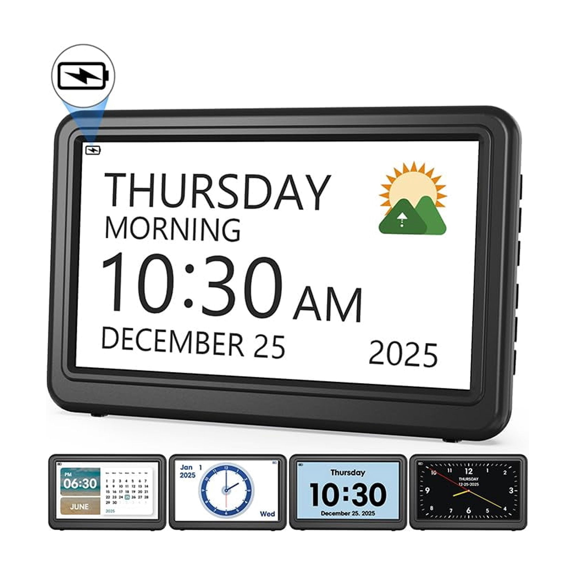 Clock With Day And Date For Operated  Digital Calendar 12 Display Modes 20 Alarms Reminders Dementia Clocks Seniors Black (with Rechargeable Battery)