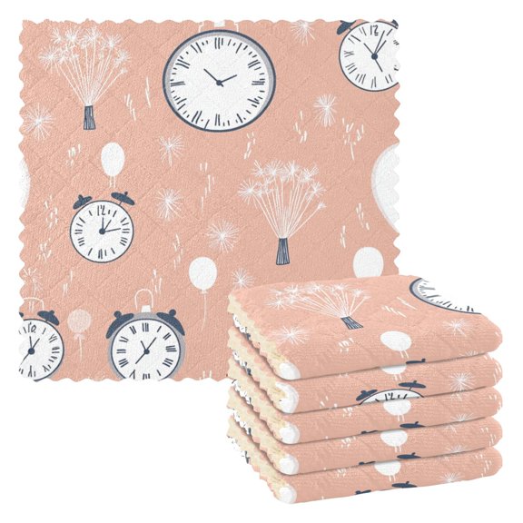Clock and Fireworks 6 Pack Kitchen Cleaning Cloths 11'' x 11'', Super Absorbent, Soft Double Layer Plush for Dish and Surface Cleaning